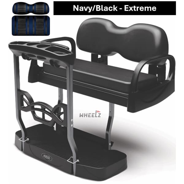 DoubleTake Max 5+ Plus golf cart rear seat kit with navy black extreme stripe seat cushions.