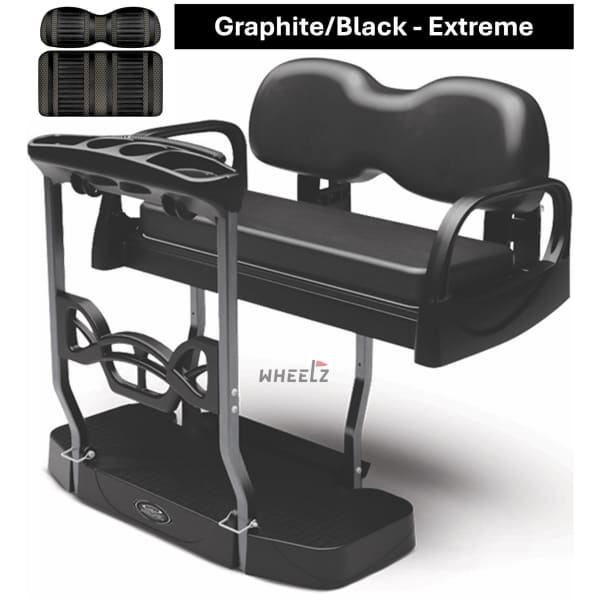 DoubleTake Max 5+ Plus golf cart rear seat kit with graphite black extreme stripe seat cushions.