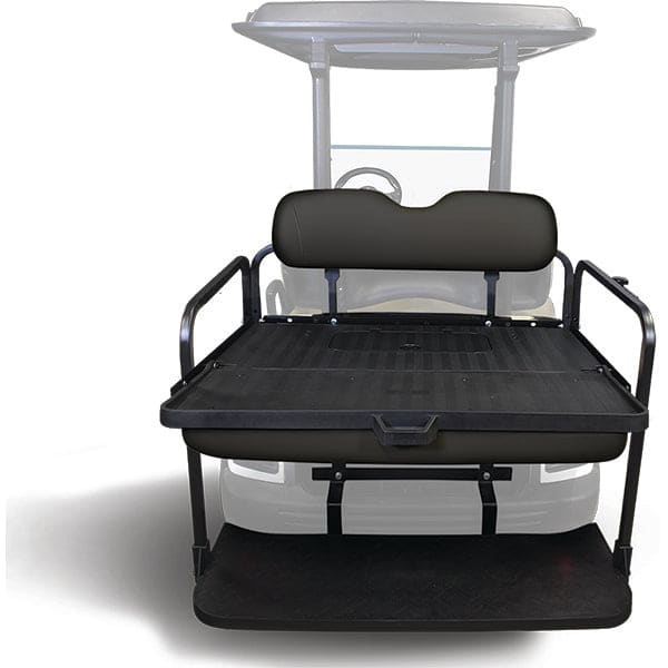 RHOX Rhino golf cart rear flip seat kit with Black Cushions - Installed and Open