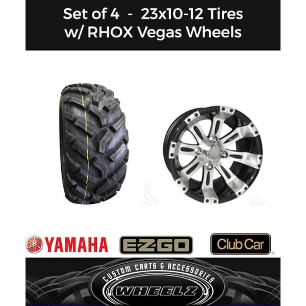 Set of (4) Golf Cart 23x10-12 Aggressive Fuse Tires with Vegas Machined/Black Wheels