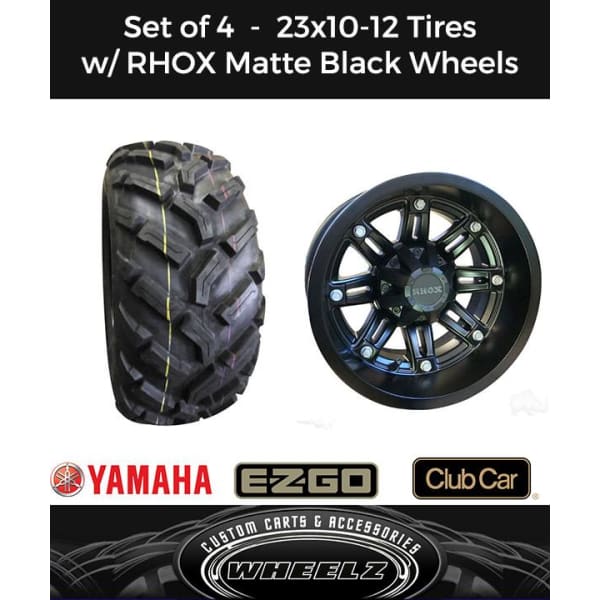 Set of (4) Golf Cart 23x10-12 Duro Fuse Offroad Tires with Matte Black Wheels