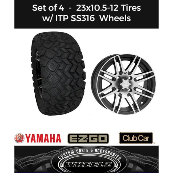 Set of (4) Golf Cart 23x10.5-12 DOT Offroad RHOX Tires w/ Black & Machined Aluminum Wheels
