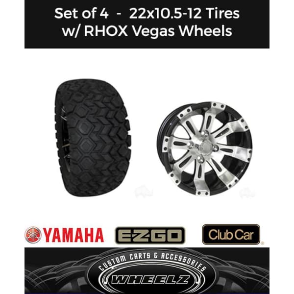 Set of (4) Golf Cart 23x10.5-12 Offroad Tires with Vegas Machined/Black Wheels