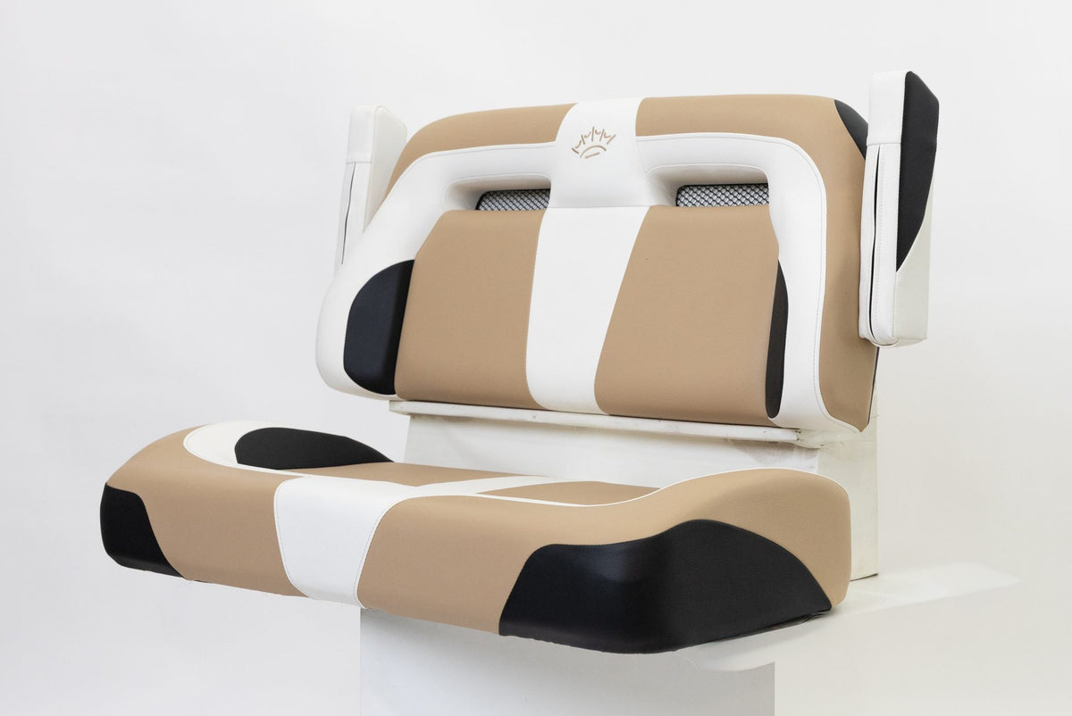 Suite Seats Sport Series Golf Cart Cushion Tan with White &amp; Black - Side View Arms Up