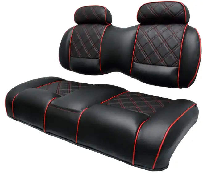 Black and red quilted car seat.