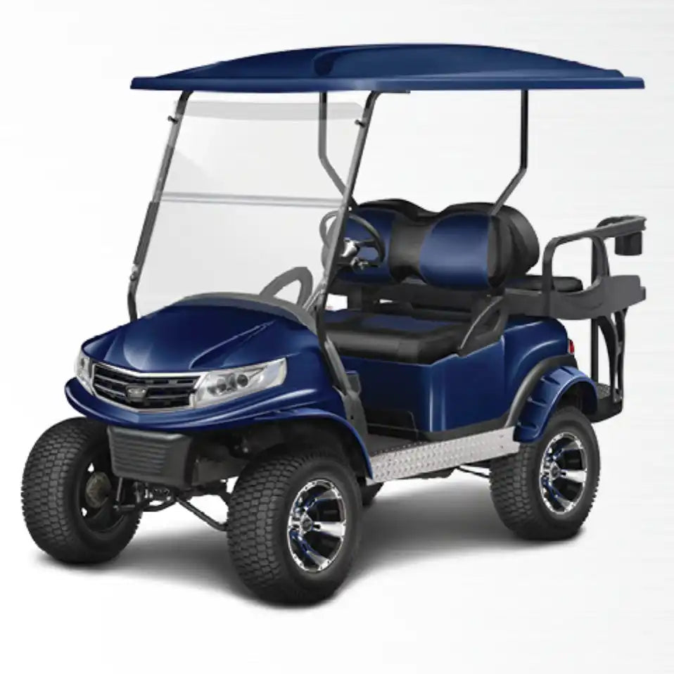 Blue golf cart with canopy.