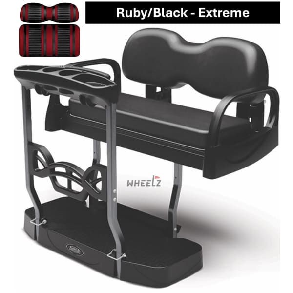DoubleTake Max 5+ Plus golf cart rear seat kit with ruby black extreme stripe seat cushions.