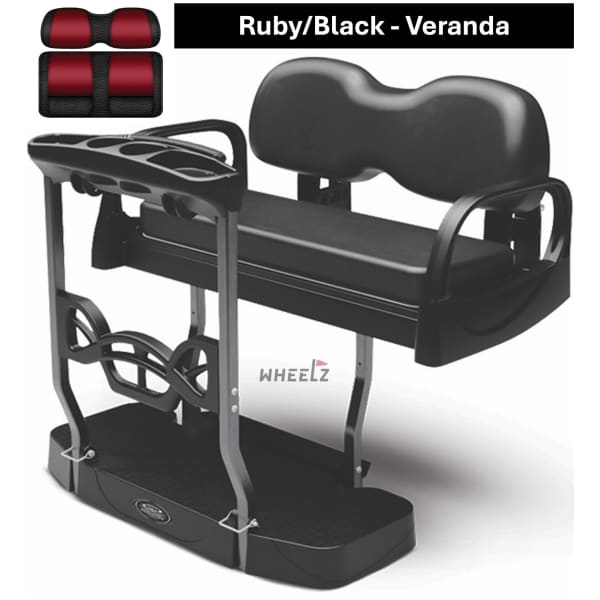 DoubleTake Max 5+ Plus golf cart rear seat kit with ruby black Veranda seat cushions.