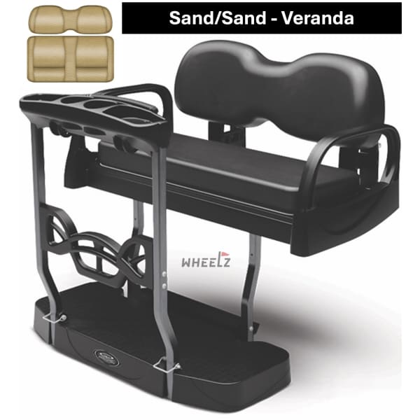DoubleTake Max 5+ Plus golf cart rear seat kit with Sand Veranda seat cushions.