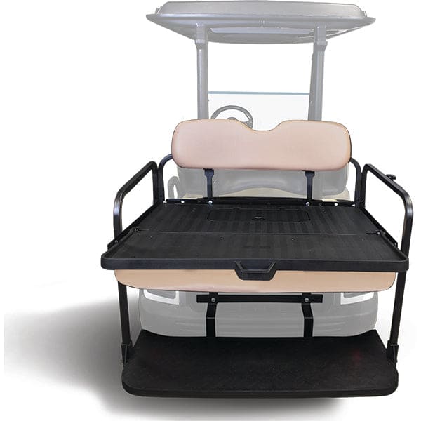 RHOX Rhino golf cart rear flip seat kit with Black Cushions - Installed and Open