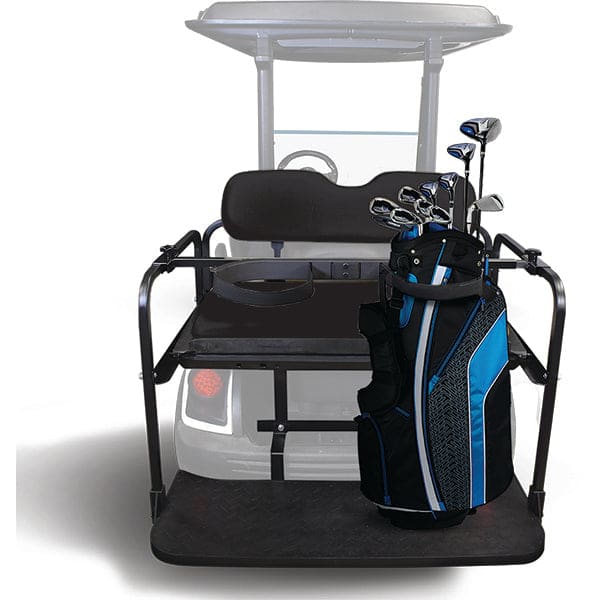 RHOX Rhino golf cart rear flip seat kit with Black Cushions with Golf Bag