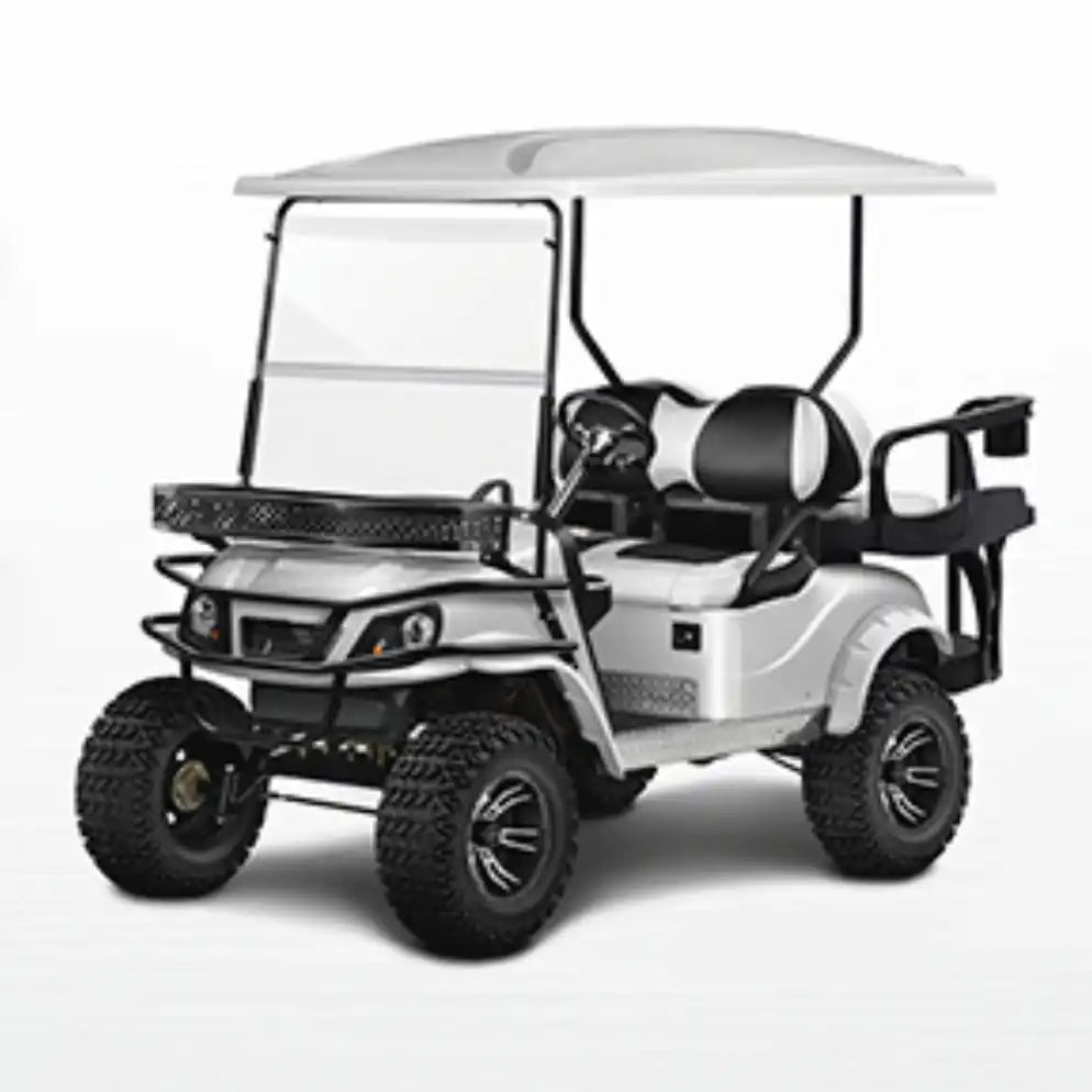 Silver golf cart with off-road tires.