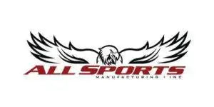All sports manufacturing inc logo with eagle wings and red text on white background