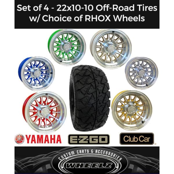 Set of (4) 22x10-10 RHOX Blizzard Off Road Tires with Your Choice of Aluminum Phoenix Wheels for Lifted Golf Carts