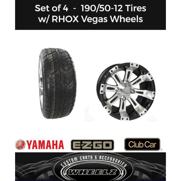 Set of (4) Golf Cart 190/50-12 Duro Touring Street Tires with Vegas Machined/Black Wheels