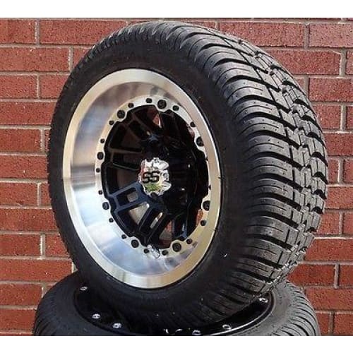 Set of (4) Golf Cart 225/55-12 DOT RHOX Tires with SS216 Black Aluminum Wheels