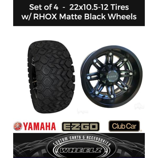 Set of (4) Golf Cart 22x10.5-12 DOT Offroad RHOX Tires w/ Black Matte Aluminum Wheels