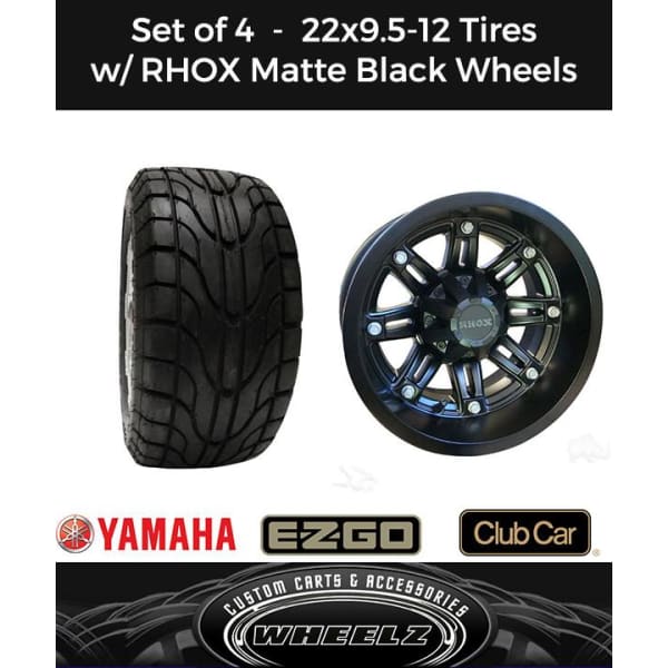 Set of (4) Golf Cart 22x9.5-12 RHOX Street Tires w/ Black Matte Aluminum Wheels