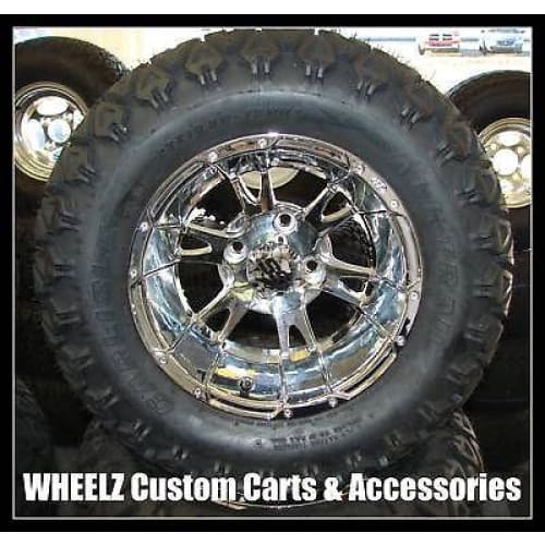 Set of (4) Golf Cart 23x10.5-12 4 Ply DOT Offroad RHOX Tires with SS112 Chrome Wheels