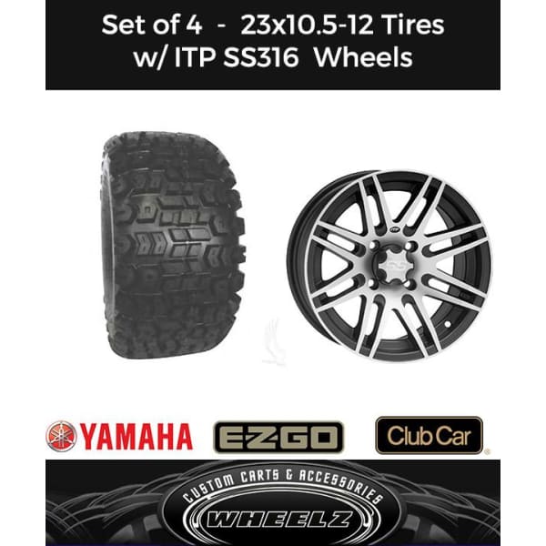Set of (4) Golf Cart 23x10.5-12 Offroad Tires with SS316 Machined/Black Wheels