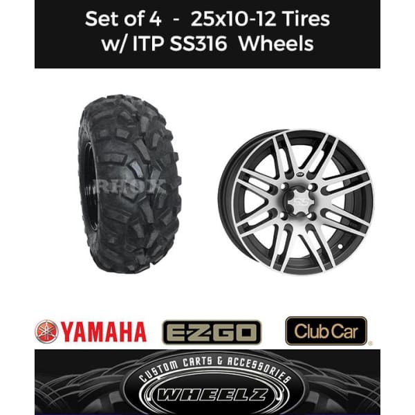 Set of (4) Golf Cart 25x10-12 RHOX Grappler Tires w/ SS316 Aluminum Wheels